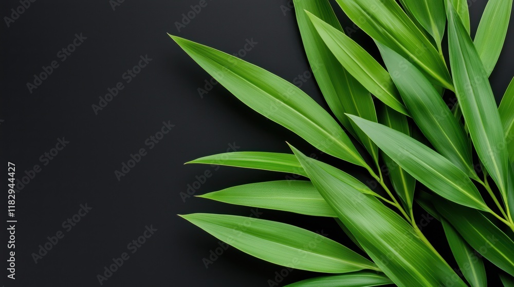 Fototapeta premium Close-up of green bamboo leaves on black background