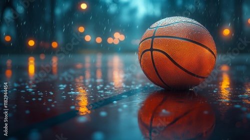 Drenched Basketball on Urban Court Reflected in Rainy Night Light