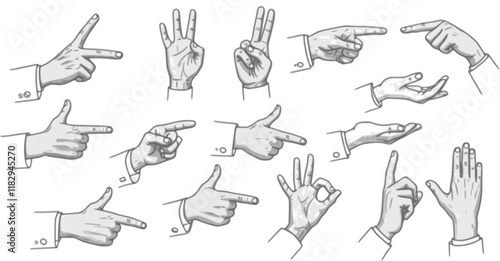 vector set vintage hand pointing retro drawing handshake hand icon high five black and white greeting card ready