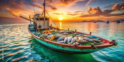 Fresh Seafood Catch: Fishing Boat of Sea Gypsies at Sunset photo