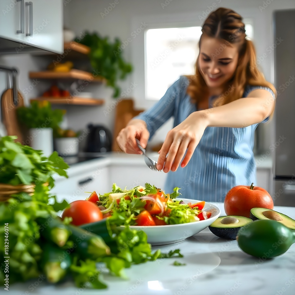 Person Preparing Fresh Salad in a Modern Kitchen with fresh ingredients like tomatoes, cucumbers, and avocados