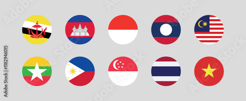 Flag of All ASEAN member countries. ASEAN countries round flag Bundle.