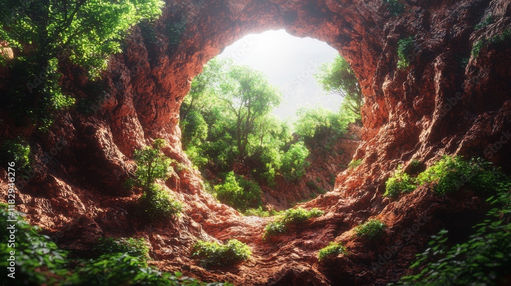 Obraz premium Enchanted Circular Cave with Lush Greenery and Bright Light Streaming Through Natural Opening