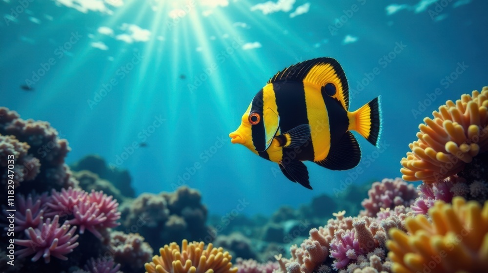 Obraz premium Vibrant Yellow and Black Fish Swimming in a Sunlit Coral Reef