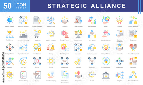 Strategic Alliance icon collection set. Containing partnership, collaboration, joint venture, cooperative agreement, synergy, shared objective, mutual benefit icon.