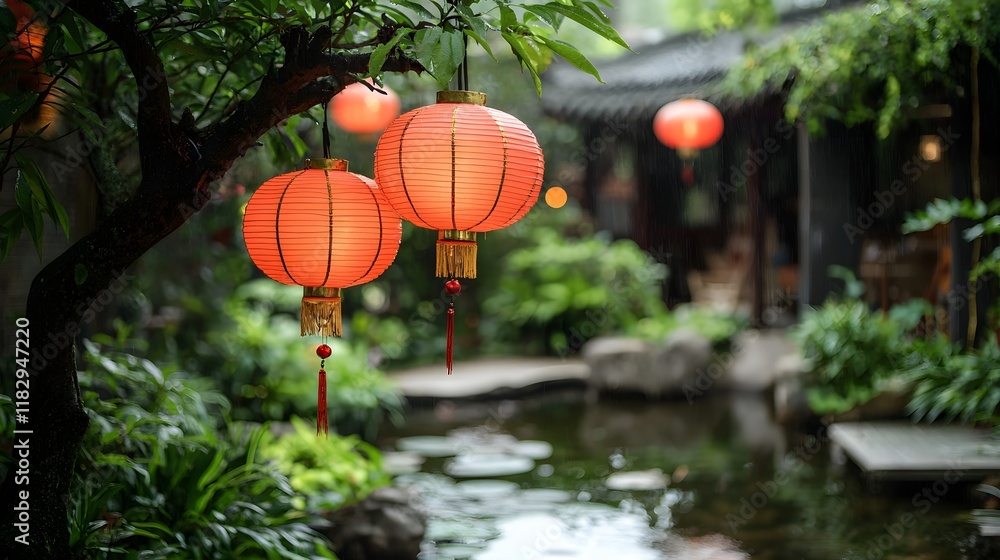 Vibrant red Chinese lanterns hanging amongst the lush foliage of a tranquil garden at night creating a serene and atmospheric scene of oriental tradition and festival Vibrant red Chinese lanterns hanging amongst the lush foliage of a tranquil garden at night creating a serene and atmospheric scene of oriental tradition and festival