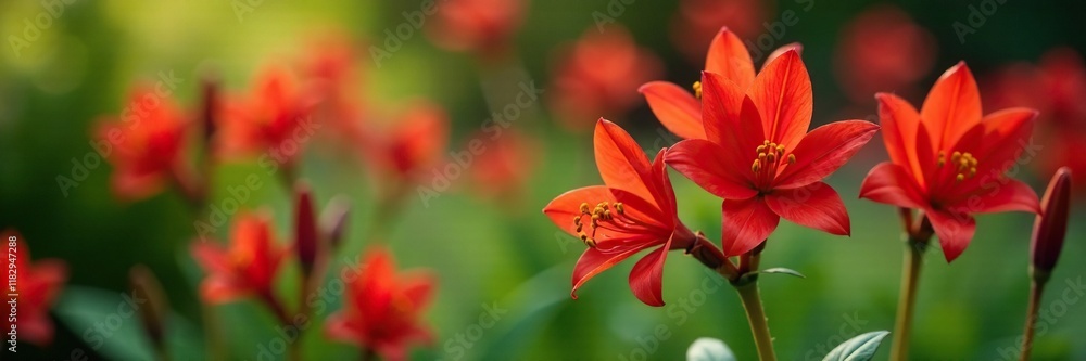 Low growing Lycoris radiata plant with bright red flowers, autumn leaves, plants, garden decor Low growing Lycoris radiata plant with bright red flowers, autumn leaves, plants, garden decor