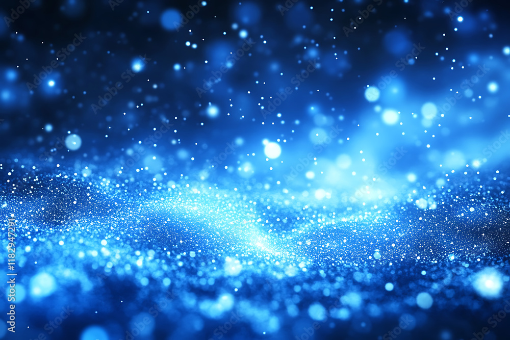 Obraz premium Background, screensaver, wallpaper for phone, many shining particles in blue light on blurred background. Abstract texture with glitter effect, abstraction, blue ligh