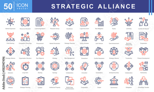 Strategic Alliance icon collection set. Containing partnership, collaboration, joint venture, cooperative agreement, synergy, shared objective, mutual benefit icon.