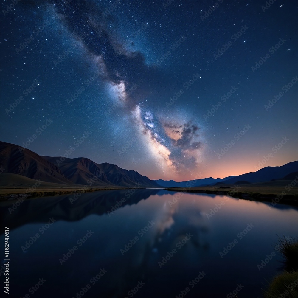 Milky Way shining above a serene Badlands lake under starry night sky, night sky, serene Milky Way shining above a serene Badlands lake under starry night sky, night sky, serene