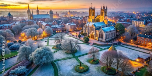 Frosty York City Museum Gardens & Minster Dawn Drone View - Low Light Cityscape UK photo