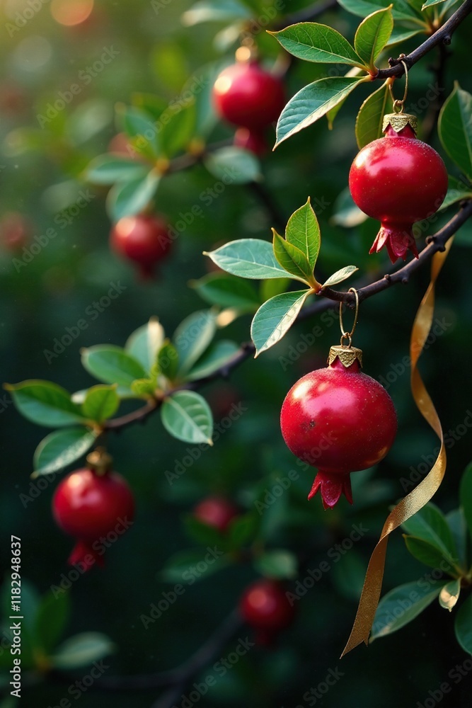 Obraz premium Pomegranate foliage with sparkling red ornaments and golden ribbons hanging from twigs, sparkling, ribbons