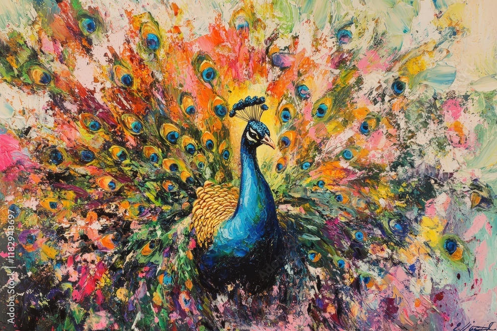Obraz premium A peacock spreading its vibrant feathers in a dazzling display of colors