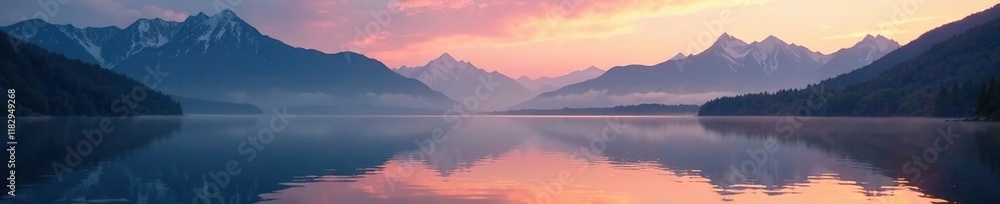 Serene lake at dawn with misty mountains in the background, panorama, landscape Serene lake at dawn with misty mountains in the background, panorama, landscape