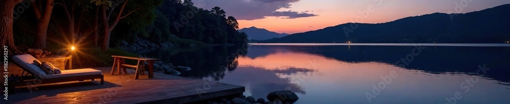 Fototapeta premium Softly glowing patio light illuminates serene lake waters at dusk, calm, twilight, peaceful