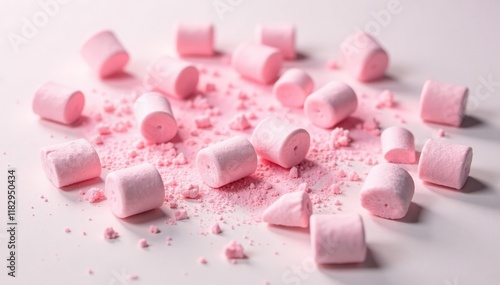 Soft pink fluffy air marshmallows scattered on a white surface, pink, messy, marshmallow