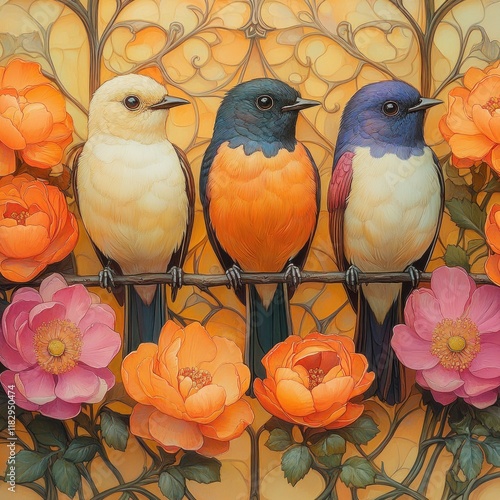 Colorful Art Nouveau Birds and Flowers Design for Decor and Cushions photo