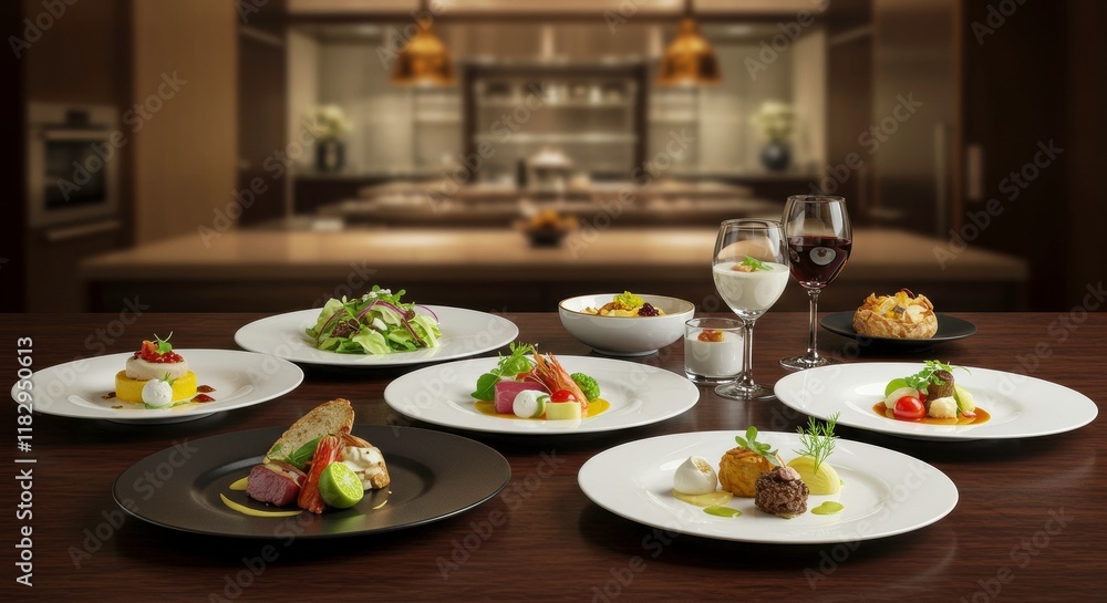 Gourmet Culinary Presentation: A curated selection of exquisite gourmet dishes, artfully arranged on a polished wooden table. Gourmet Culinary Presentation: A curated selection of exquisite gourmet dishes, artfully arranged on a polished wooden table.