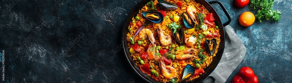 Vibrant Seafood Paella Dish in Cast Iron Pan on Rustic Surface Vibrant Seafood Paella Dish in Cast Iron Pan on Rustic Surface