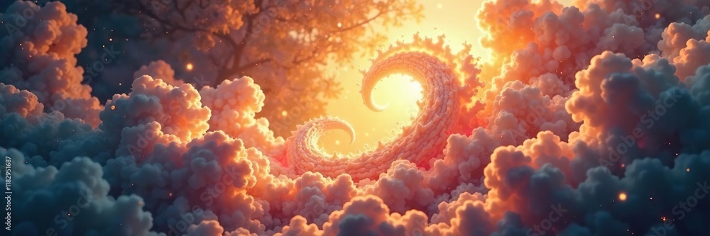 Fototapeta premium Whirling clouds of vapor entwine radiant golden circle, swirling, entwine