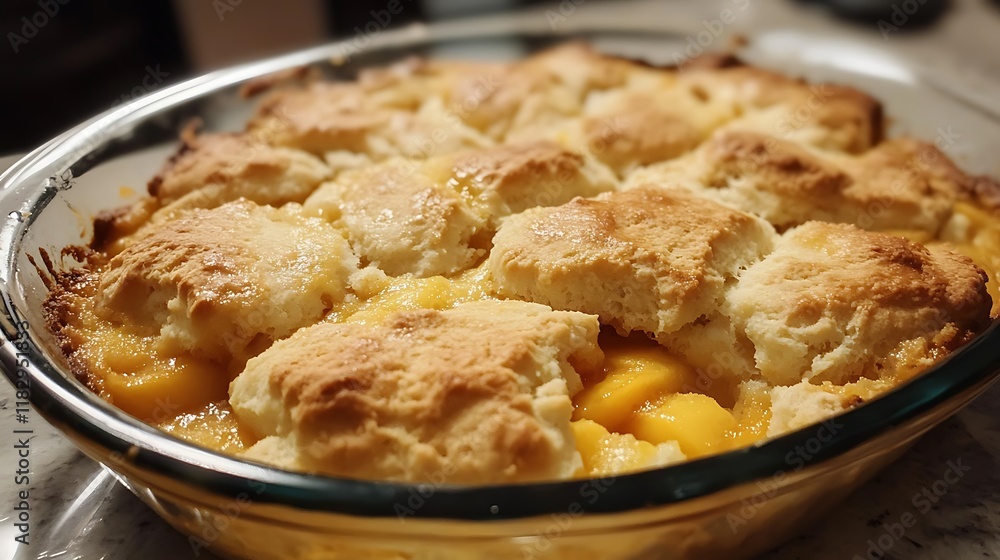 Homemade peach cobbler with a biscuit topping Homemade peach cobbler with a biscuit topping