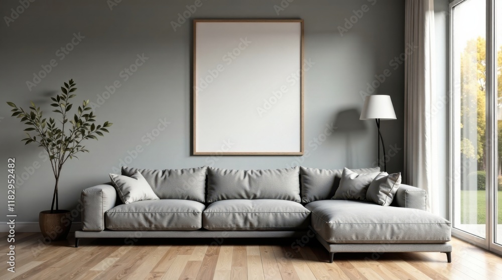 Modern Sectional Sofa in Minimalist Living Room with Blank Canvas for Artwork and Natural Light Modern Sectional Sofa in Minimalist Living Room with Blank Canvas for Artwork and Natural Light