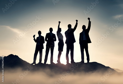 top mountain silhouette business leadership concept show team arm success successful jump businessman corporate succeed trail challenge fog sport climber sunlight rock nature