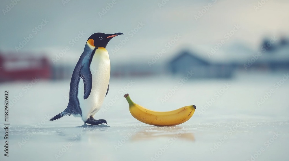 Obraz premium King Penguin on Icy Terrain with Banana Antarctic Wildlife Scene