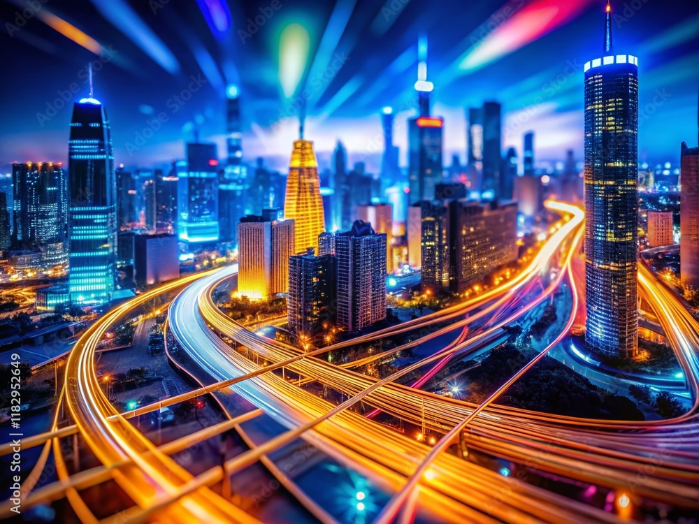 Fototapeta premium Futuristic Cityscape: High-Speed Digital Connectivity, Neon Blue Orange Tilt-Shift