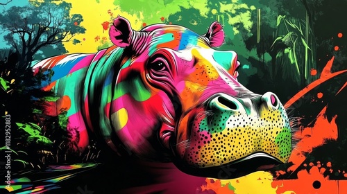 Colorful Hippo in a Vibrant Forest Scene photo