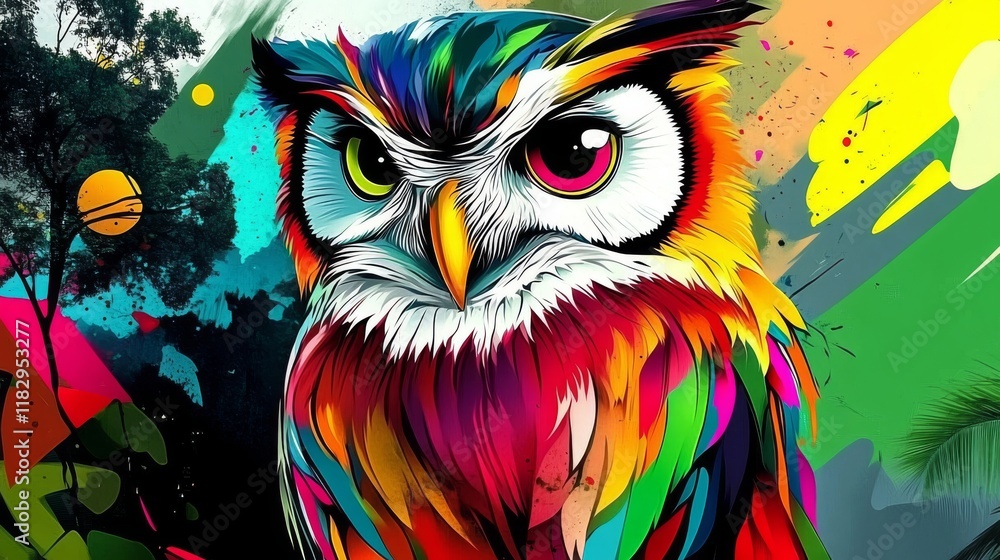 Colorful Owl in a Vivid Jungle Landscape Colorful Owl in a Vivid Jungle Landscape