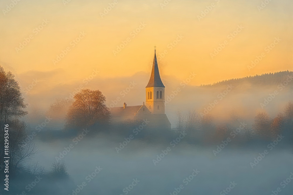 Obraz premium Misty Autumn Morning Church Tower Serene Landscape Fog Sunrise Rural Tranquility