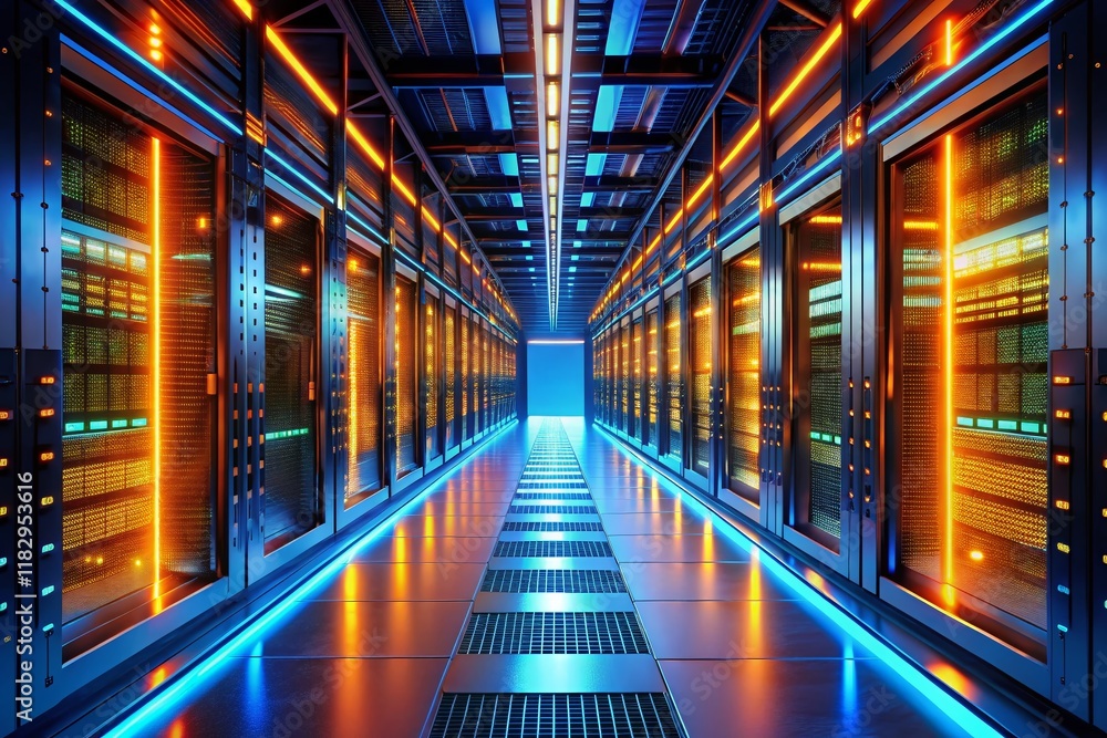 Futuristic Data Center Corridor: Glowing Servers & Advanced Technology