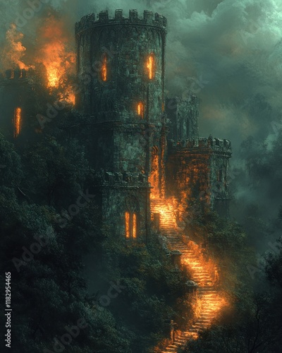 Ancient Tower of Babel in Renaissance Style with Mystical Atmosphere and Intricate Architecture photo