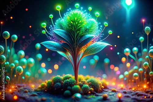 Wallpaper Mural Futuristic Green Neon Growth: Macro Shot of Rising 3D Plant with Laser Light Torontodigital.ca