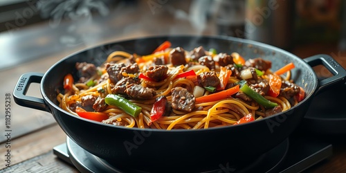 Asian stir fried noodles with beef, peppers, and onions sizzling in a pan, creating a delicious and colorful panorama, Asian, stir fried, noodles photo