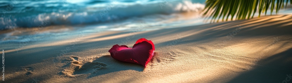 A romantic heart shape on the sandy beach, surrounded by gentle ocean waves. A romantic heart shape on the sandy beach, surrounded by gentle ocean waves.