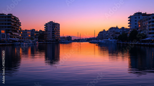 Wallpaper Mural Sunset over calm marina, city skyline reflected in water, idyllic evening scene, travel Torontodigital.ca