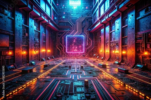 Futuristic Microchip Network: Glowing Circuit Matrix in Deep Red Neon