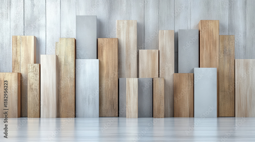 Modern wooden blocks in various heights against textured wall Modern wooden blocks in various heights against textured wall