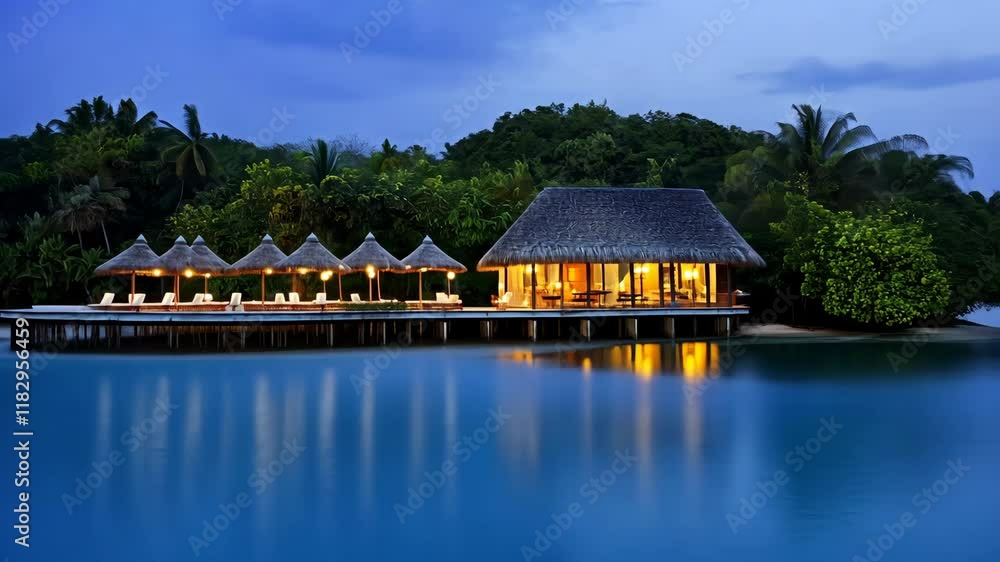 Tranquil tropical resort by the water at dusk with glowing lights illuminating beachfront cabanas and lush surroundings Tranquil tropical resort by the water at dusk with glowing lights illuminating beachfront cabanas and lush surroundings