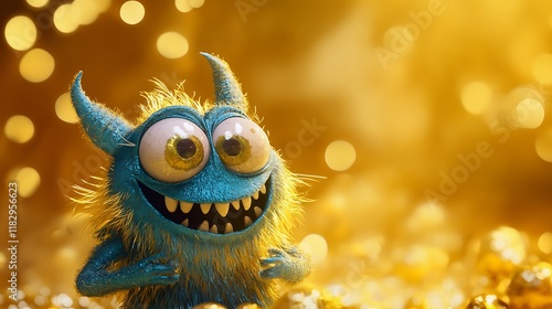 Little monster learning to make silly faceson golden background