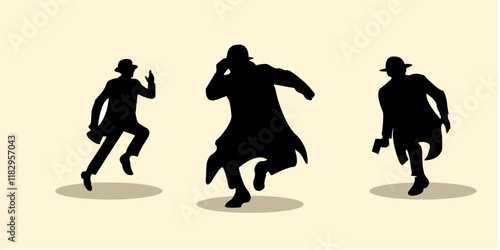 Graphic set silhouette of detective concept. 2D icon of detective on black shadow template. vector illustration.