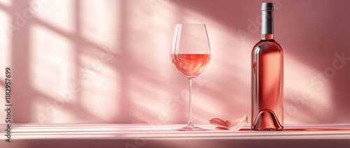 Ros? wine glass bottle sunlight pink background