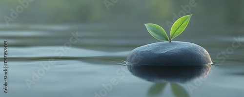 Tranquil scene of a sprout on a rock floating gently on calm water. photo