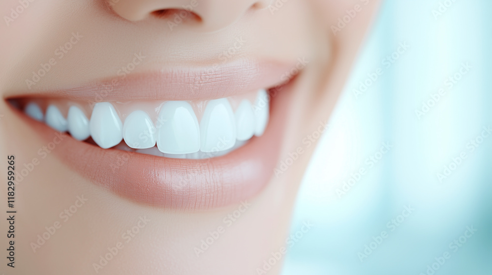 Fototapeta premium Close-up of a amazing perfect white smile with healthy teeth and lips, symbolizing dental care, beauty, and oral hygiene.