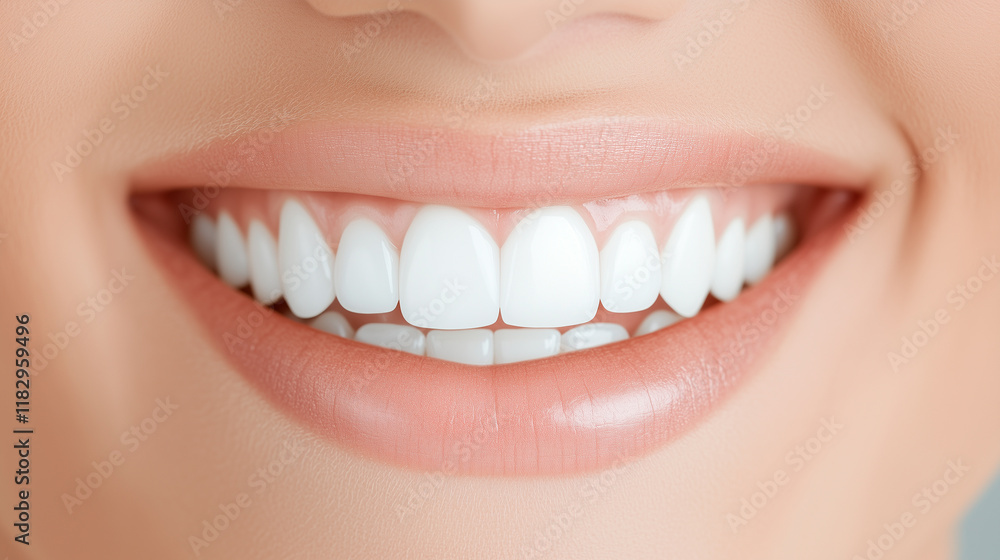 Obraz premium Close-up of a perfect white smile with healthy teeth and lips, symbolizing dental care, beauty, and oral hygiene.