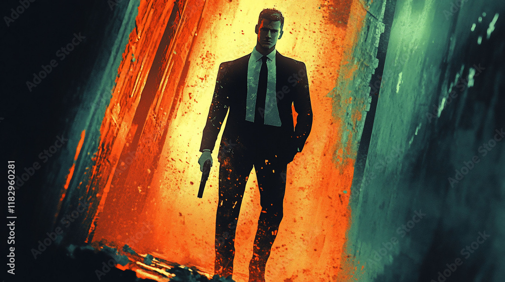 Obraz premium Agent walking through fire-damaged building, intense background, action thriller poster