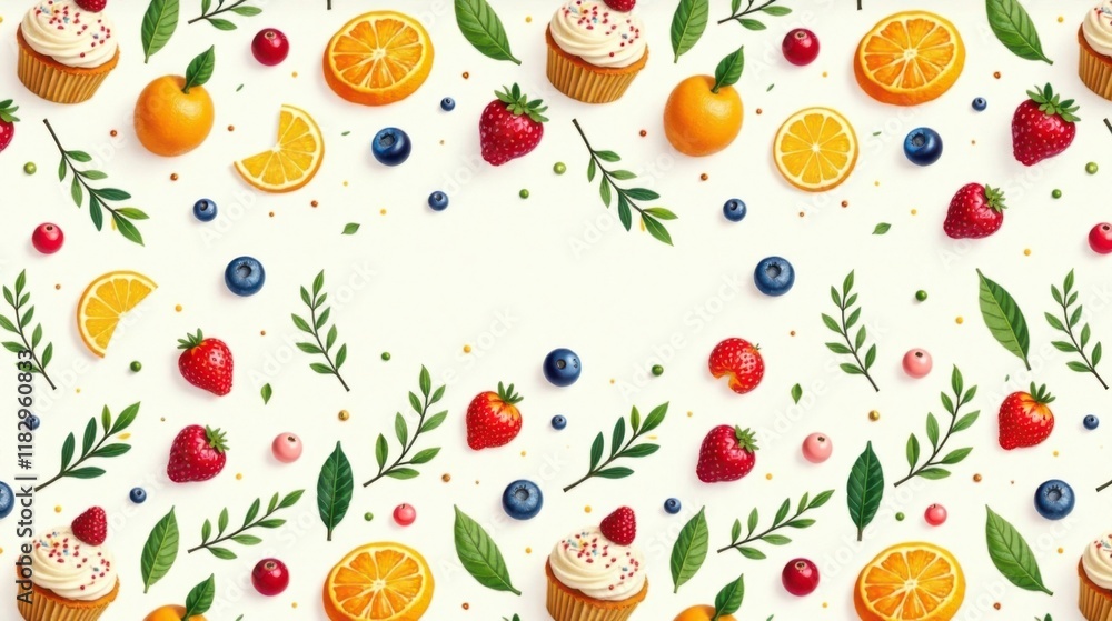 Delightful Festive Pattern of Cupcakes, Berries, and Citrus Fruits