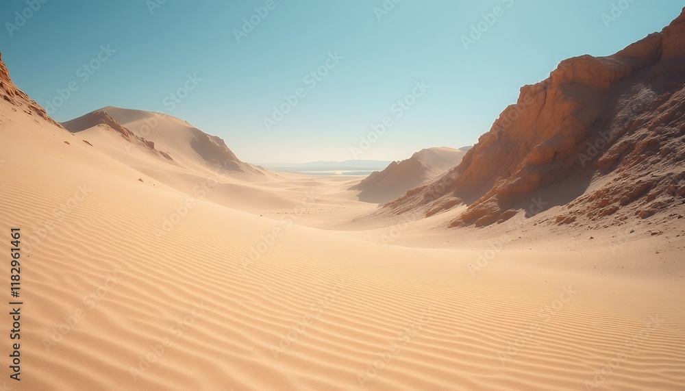 Serene Desert Landscape: A Breathtaking Panorama of Sand Dunes and Rocky Mountains Under a Clear Blue Sky Serene Desert Landscape: A Breathtaking Panorama of Sand Dunes and Rocky Mountains Under a Clear Blue Sky
